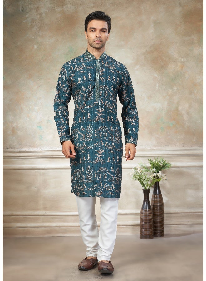 OUTLUK Teal Blue Embroidered Kurta for Men - Image 1
